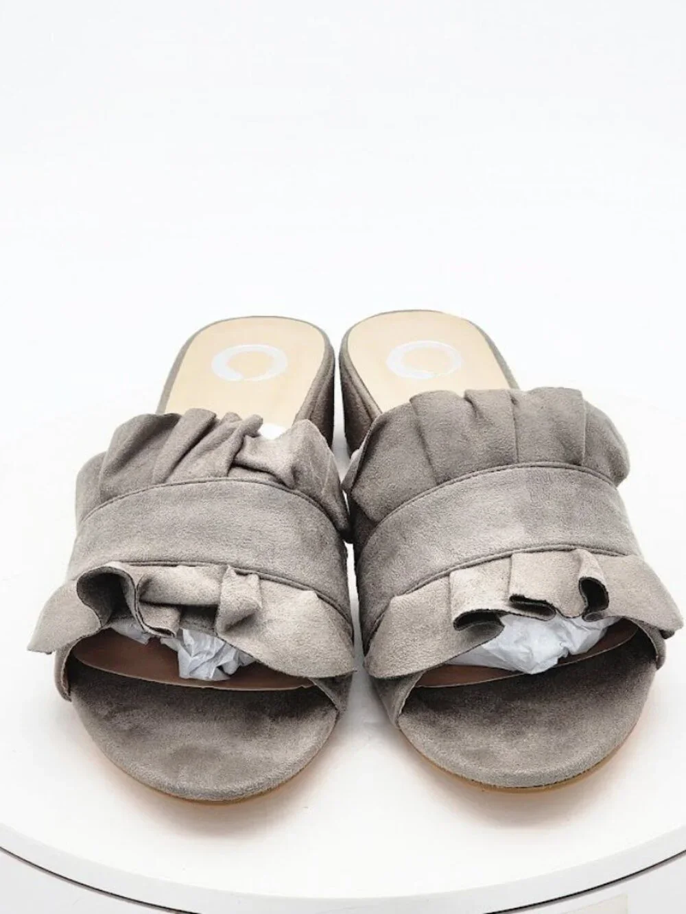 Journee Collection Sabica Gray Ruffle Slide Sandals Block Heel Women's Size 7.5
